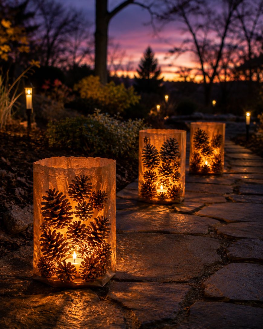 Lanterns decorated with pinecones line a stone garden path at dusk, casting a warm, glowing light. Trees and a colorful sunset sky appear in the background, creating a cozy, inviting atmosphere.