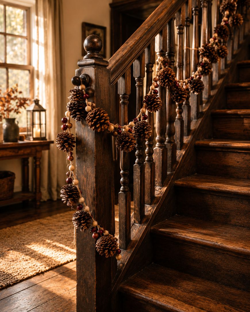 A rustic wooden staircase is decorated with a garland made of pinecones and beads. Warm sunlight streams through a window, illuminating cozy decor, including a lantern and a vase of dried flowers on a table.