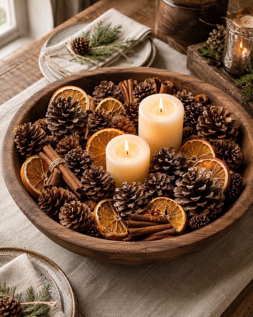 A wooden bowl filled with pinecones, dried orange slices, cinnamon sticks, and two lit pillar candles, set on a rustic table with festive greenery nearby.