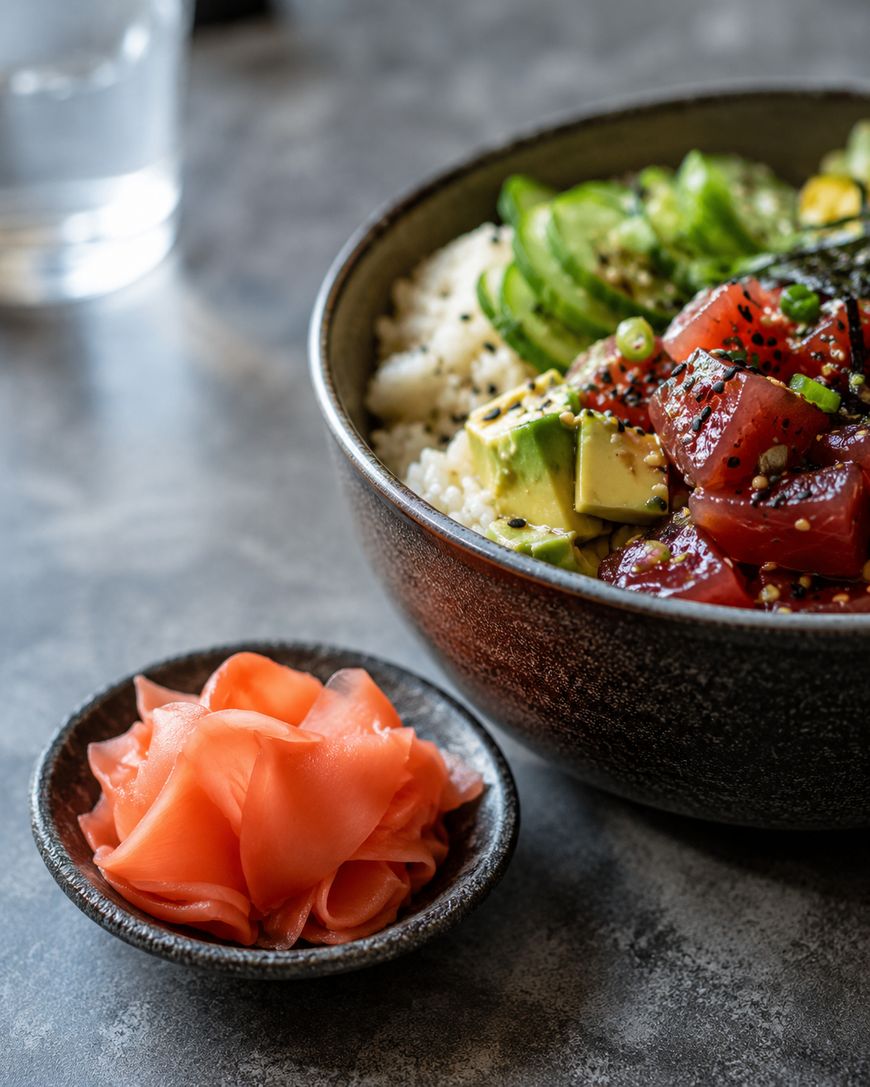 A bowl of poke with diced tuna, avocado, rice, scallions, and sesame seeds sits next to a small dish of pickled ginger on a gray surface. A glass of water is blurred in the background.