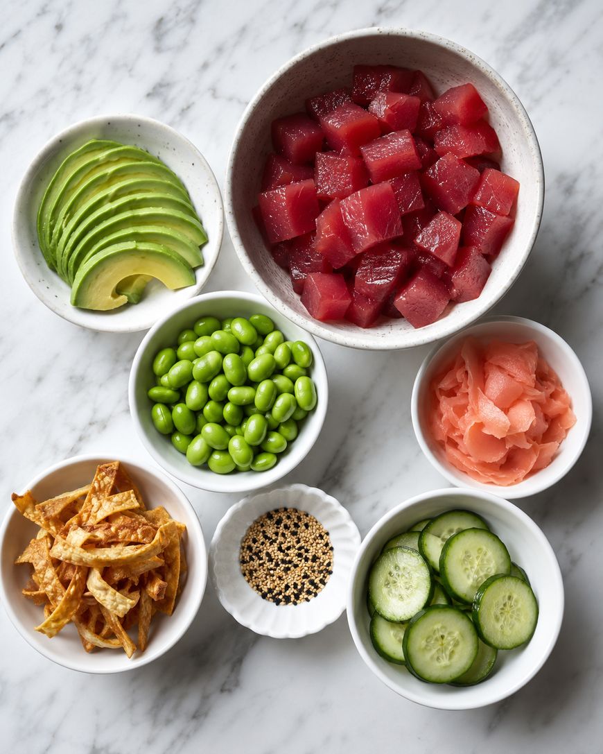 Seven bowls on a marble surface contain sliced avocado, diced raw tuna, edamame, pickled ginger, sliced cucumber, crispy wonton strips, and a small dish of sesame seeds.