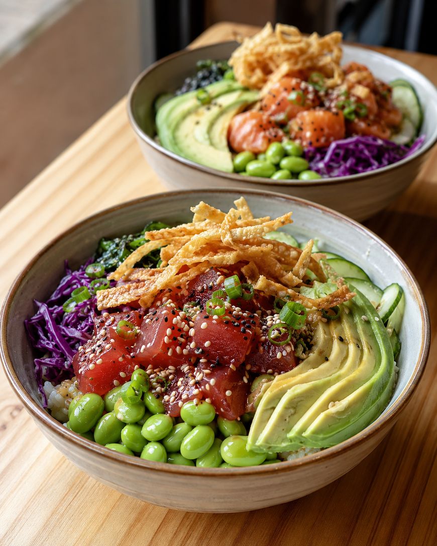Two poke bowls on a wooden table, each filled with sliced avocado, edamame, purple cabbage, seaweed, diced fish, sesame seeds, green onions, and crispy fried onions on top.