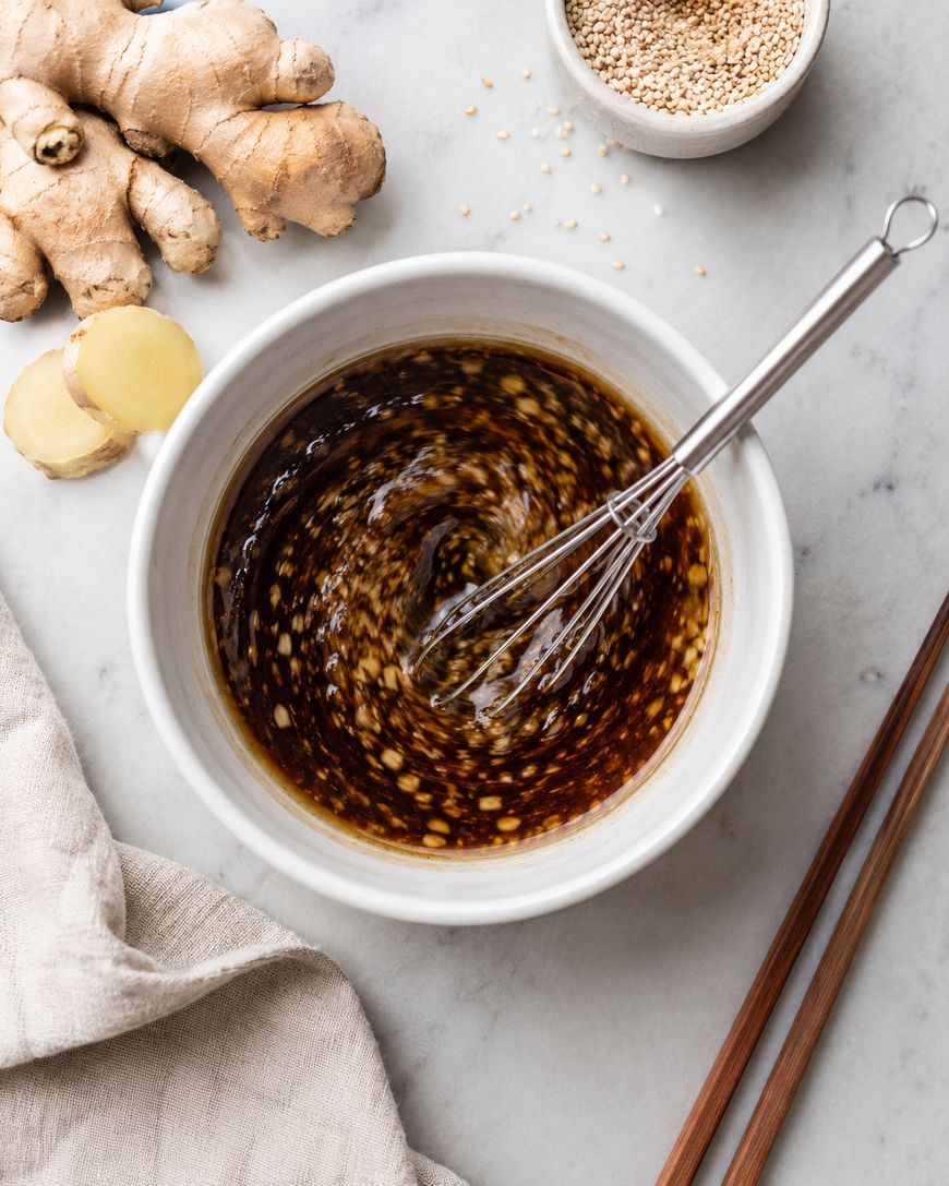 A whisk stirs a dark sauce with visible sesame seeds in a white bowl. Nearby are chopsticks, sliced fresh ginger, a ginger root, a beige cloth, and a bowl of sesame seeds on a marble surface.