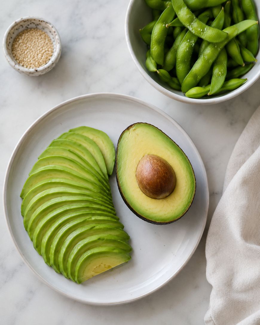 A plate with sliced avocado and a halved avocado with the pit, next to a bowl of edamame and a small dish of sesame seeds, all on a white marble surface.