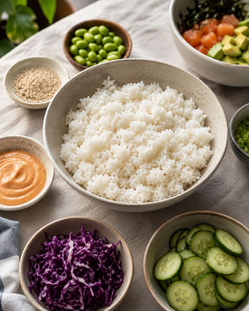 A bowl of white rice is surrounded by small bowls containing sliced cucumber, shredded purple cabbage, spicy orange sauce, sesame seeds, edamame, and a mix of diced salmon, avocado, and seaweed.