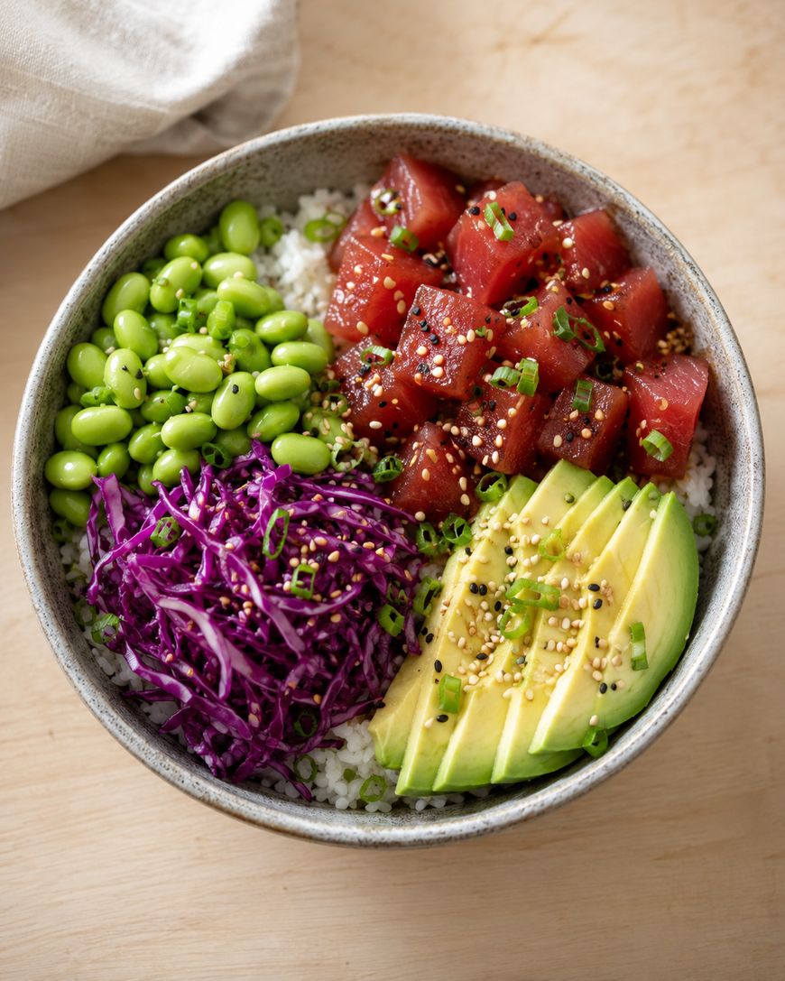 A bowl of white rice topped with diced raw tuna, sliced avocado, shredded purple cabbage, edamame, and sprinkled with chopped green onions and sesame seeds. The bowl sits on a light wooden surface.