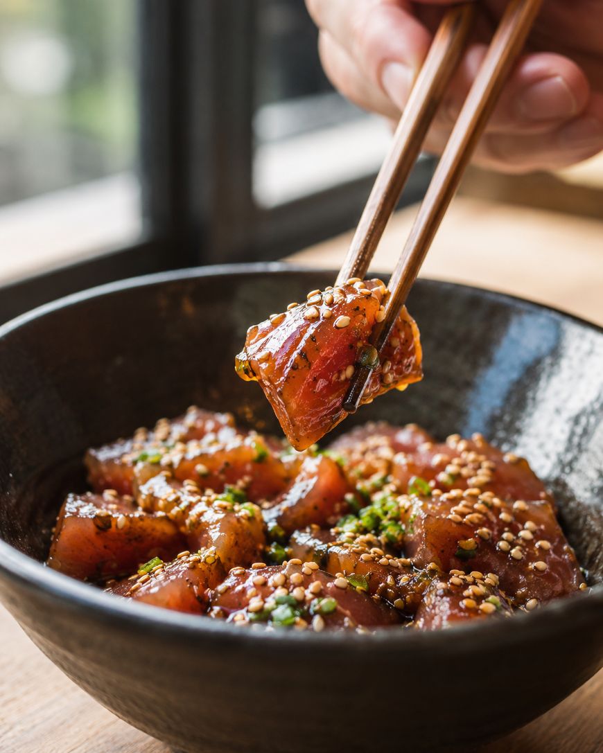 A hand uses chopsticks to lift a piece of marinated raw fish from a black bowl filled with diced fish, garnished with sesame seeds and herbs.