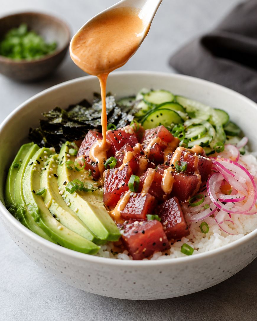 A bowl of poke with cubed raw tuna, sliced avocado, cucumber, pickled onions, seaweed, rice, and green onions, topped with sesame seeds as spicy sauce is drizzled over the top from a spoon.