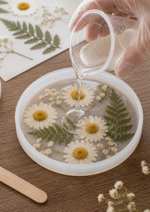 A gloved hand pours resin into a round mold containing pressed daisies, ferns, and delicate flowers on a wooden table—perfect for Pressed Flower Crafts or other Flower Projects you can Make at Home, surrounded by more blooms, craft sticks, and paper.