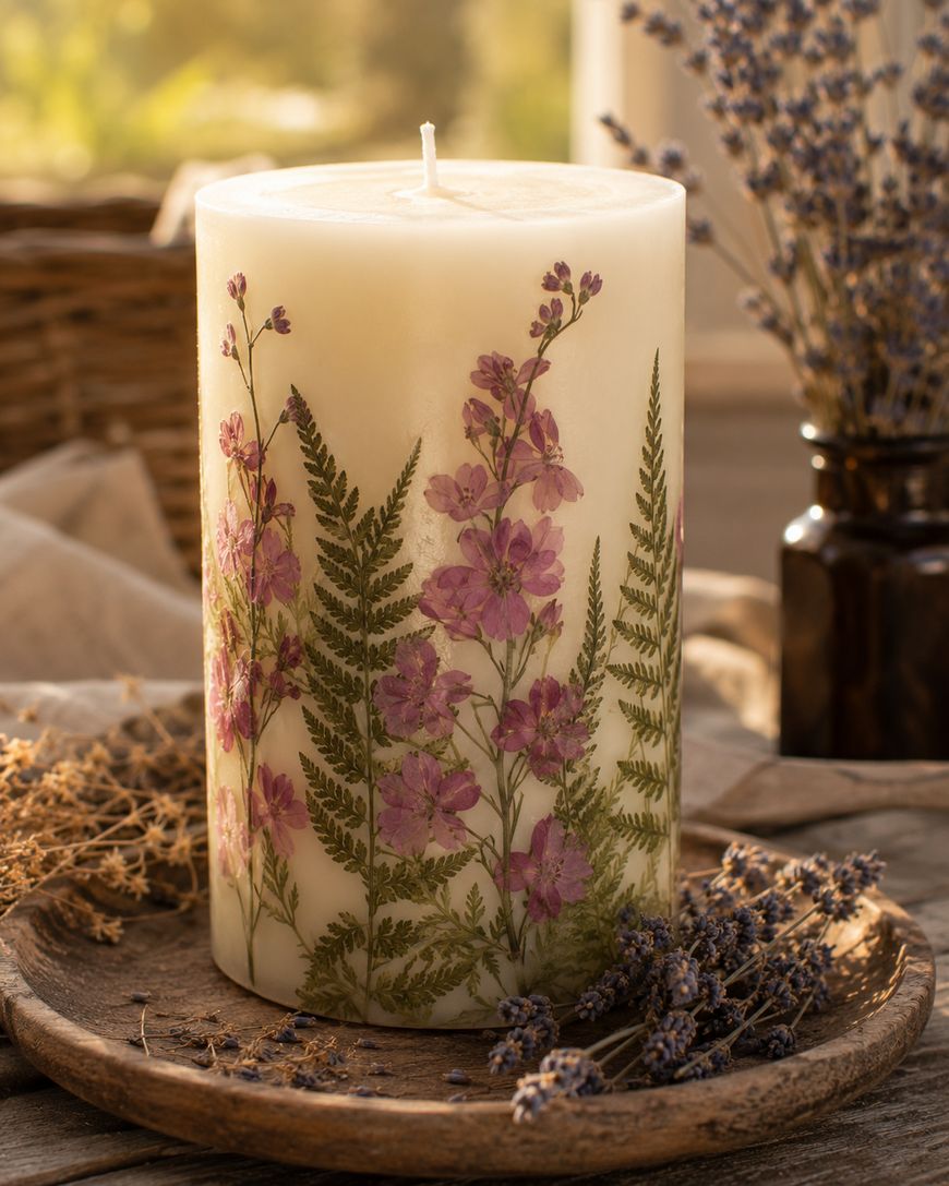 A white pillar candle decorated with pressed purple flowers and green ferns sits on a wooden plate, surrounded by dried lavender and rustic decor in warm natural light.