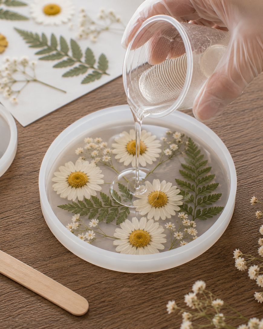 A gloved hand pours clear resin into a round mold containing pressed daisies, ferns, and small white flowers on a wooden surface, surrounded by craft materials and flowers.