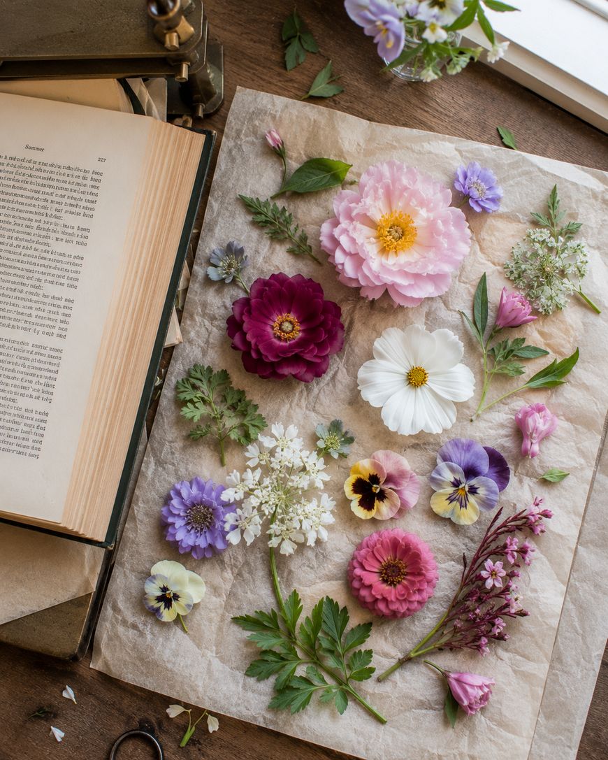 A flat lay of various colorful flowers and green leaves arranged on parchment paper, beside an open book, with more flowers and vintage items partially visible around the edges.