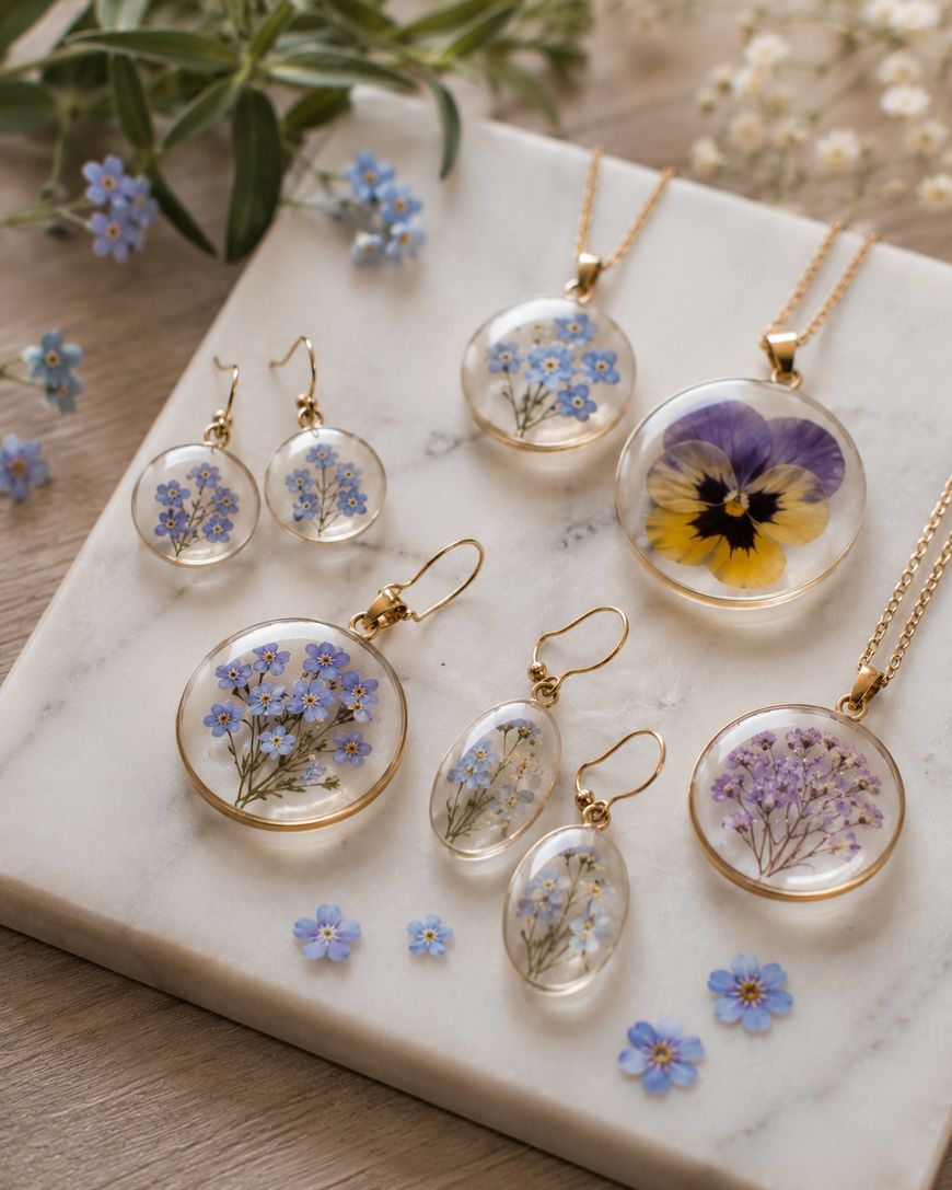 Gold jewelry with real pressed flowers, including necklaces, earrings, and pendants, is displayed on a marble slab. Blue, purple, and yellow blooms are visible in clear resin. Small blue flowers are scattered around.