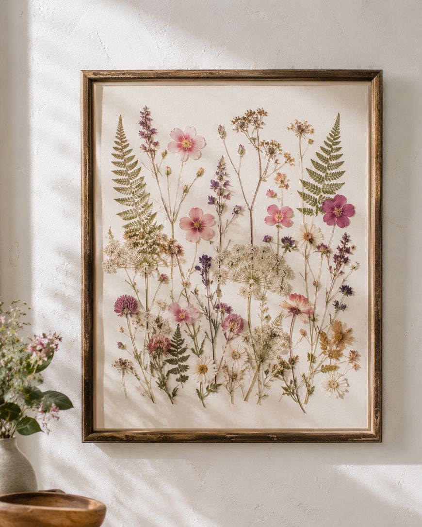 Framed artwork featuring pressed botanical specimens, including ferns and various pink, purple, and white flowers, arranged artistically on a cream background and hung on a textured white wall.