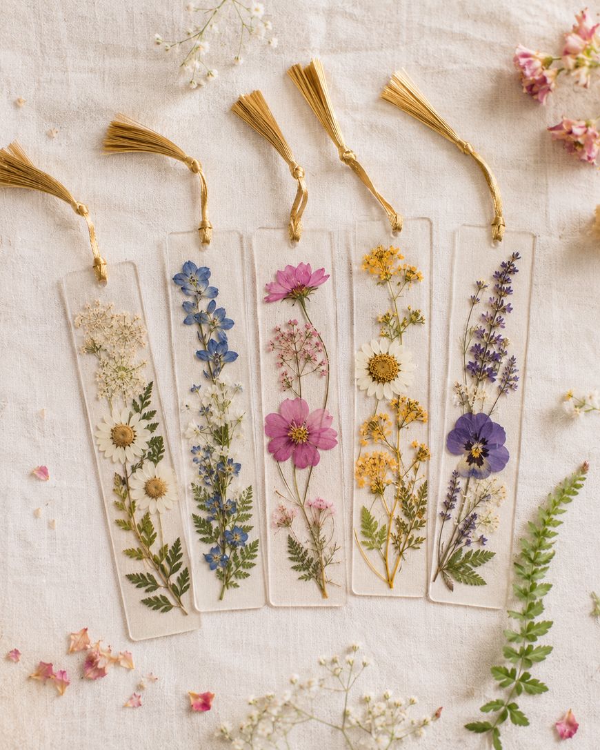 Five clear bookmarks with dried, colorful flowers and ferns inside, each topped with a gold tassel, are arranged in a row on a cream-colored fabric with small scattered flower petals around them.