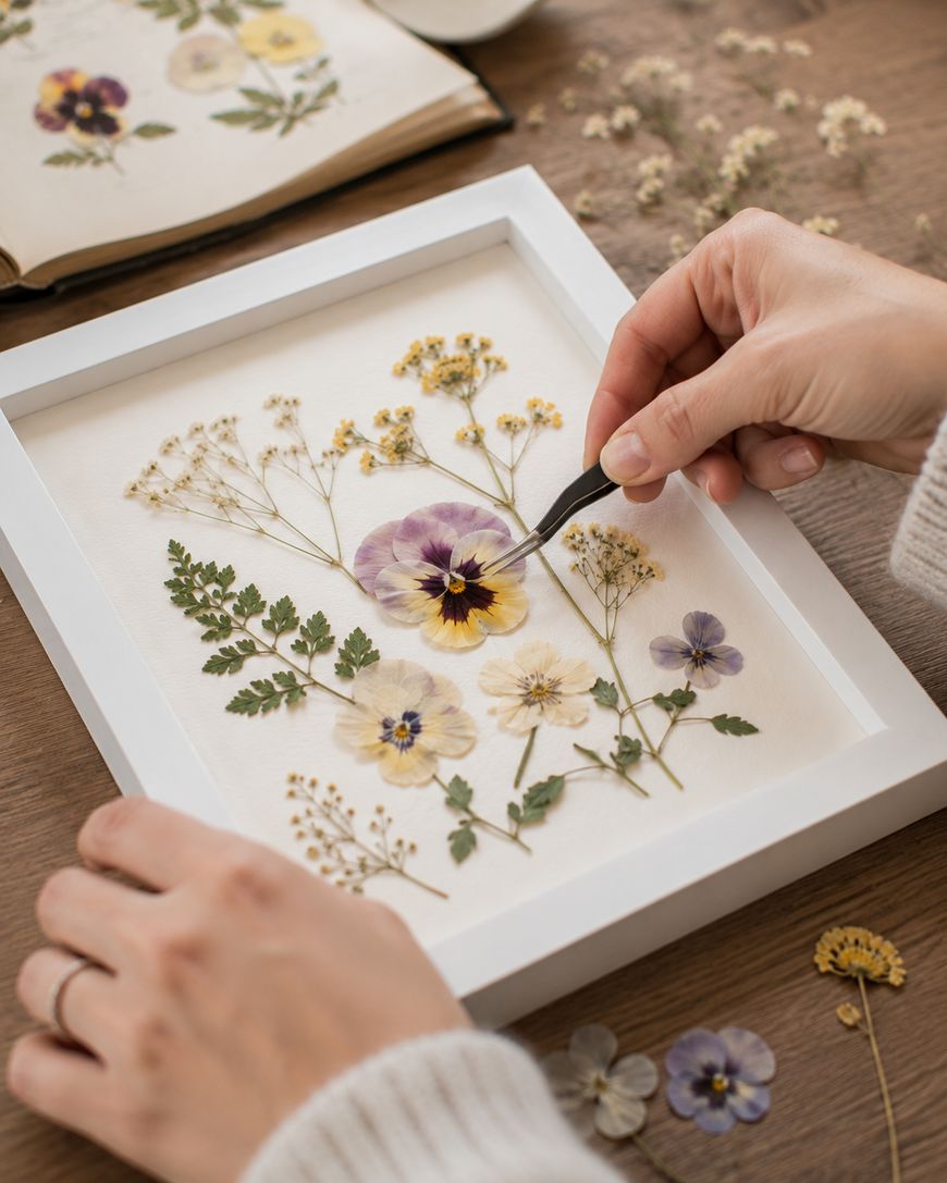A person arranges pressed flowers and leaves with tweezers in a white frame, with more dried flowers and a botanical book on the wooden table.