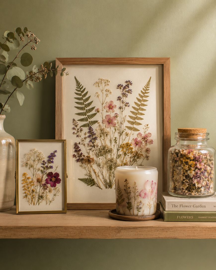 A wooden shelf displays framed pressed flowers, a white candle with floral designs, a glass jar filled with dried flowers, a small vase with greenery, and stacked books against a soft green wall.