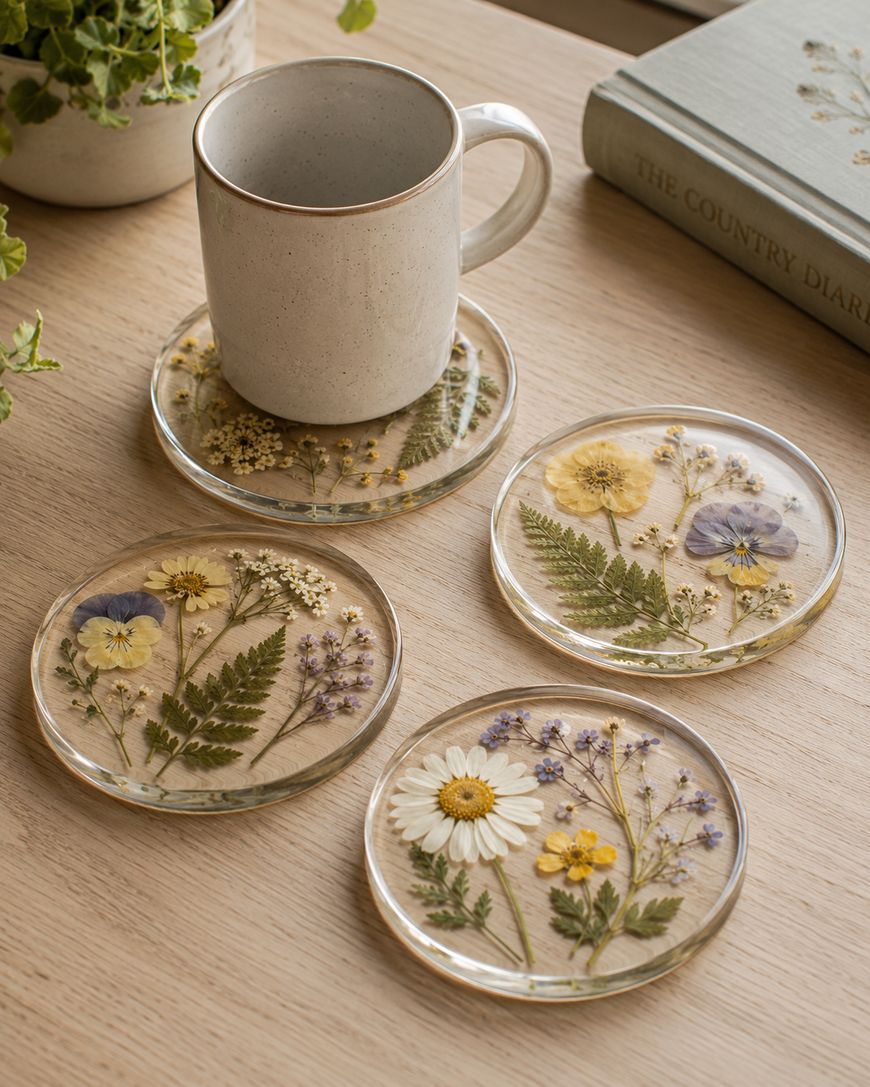 A ceramic mug sits on a glass coaster decorated with pressed flowers and ferns, next to three similar coasters on a wooden table. A green potted plant and a book titled The Country Diary are also visible.