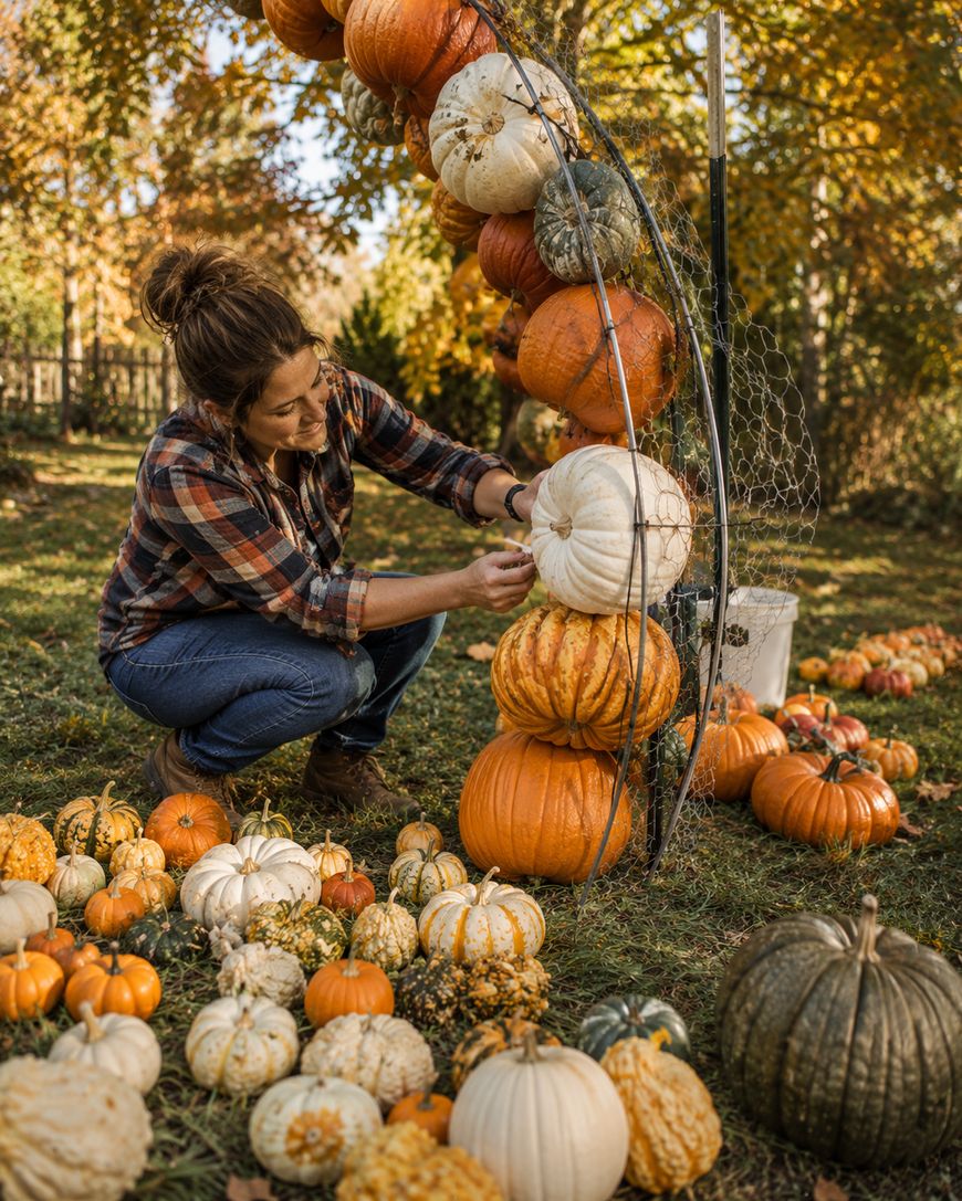 A person in a plaid shirt kneels outdoors, attaching white and orange pumpkins to a wire frame arch. Various pumpkins and gourds are scattered on the grass. Autumn trees are visible in the background.