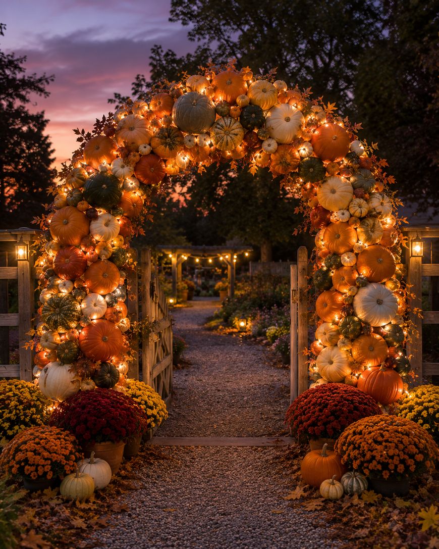 A garden archway decorated with orange and white pumpkins, autumn leaves, and string lights glows at sunset. Potted chrysanthemums and pumpkins line the gravel path, creating a festive autumn atmosphere.