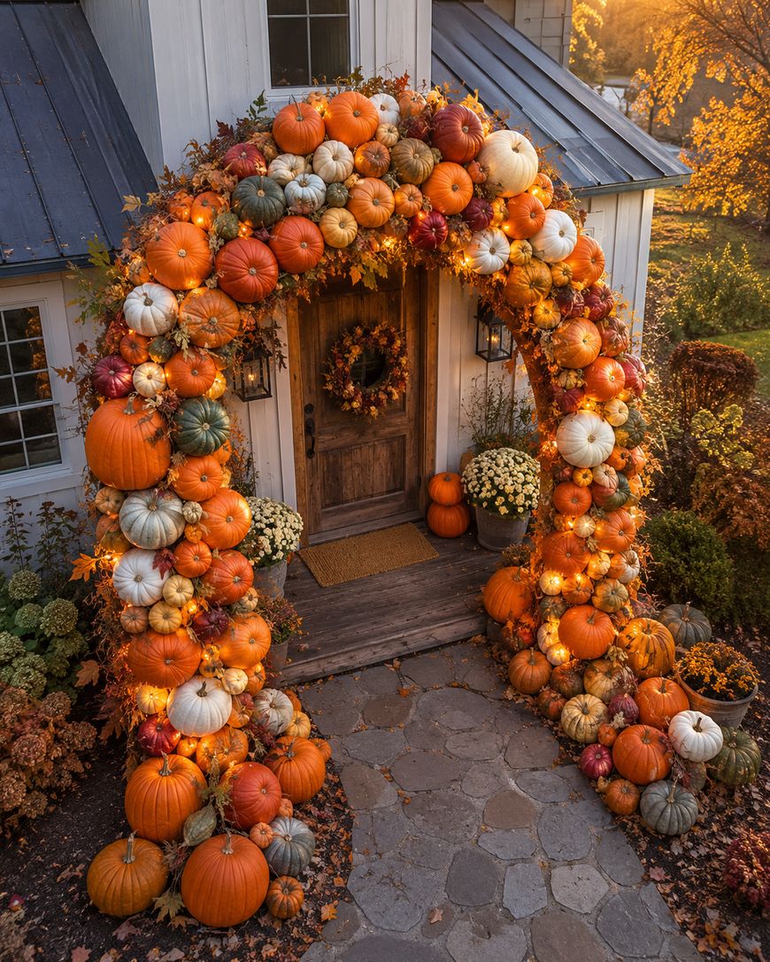 A front door is decorated for autumn with an arch made of orange, white, and green pumpkins, glowing string lights, and colorful fall leaves. More pumpkins and potted chrysanthemums sit on the stone walkway and porch.