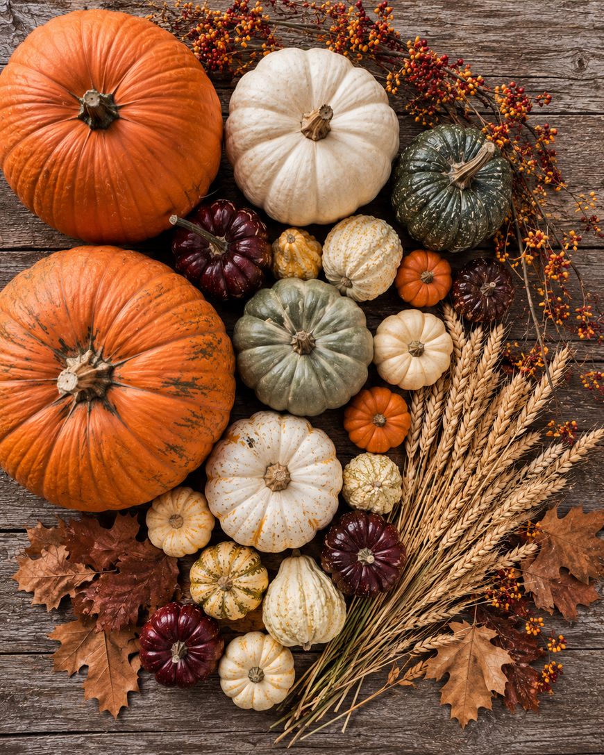 Assorted pumpkins and gourds in orange, white, green, and yellow are arranged with autumn leaves, wheat stalks, and red berries on a rustic wooden surface.