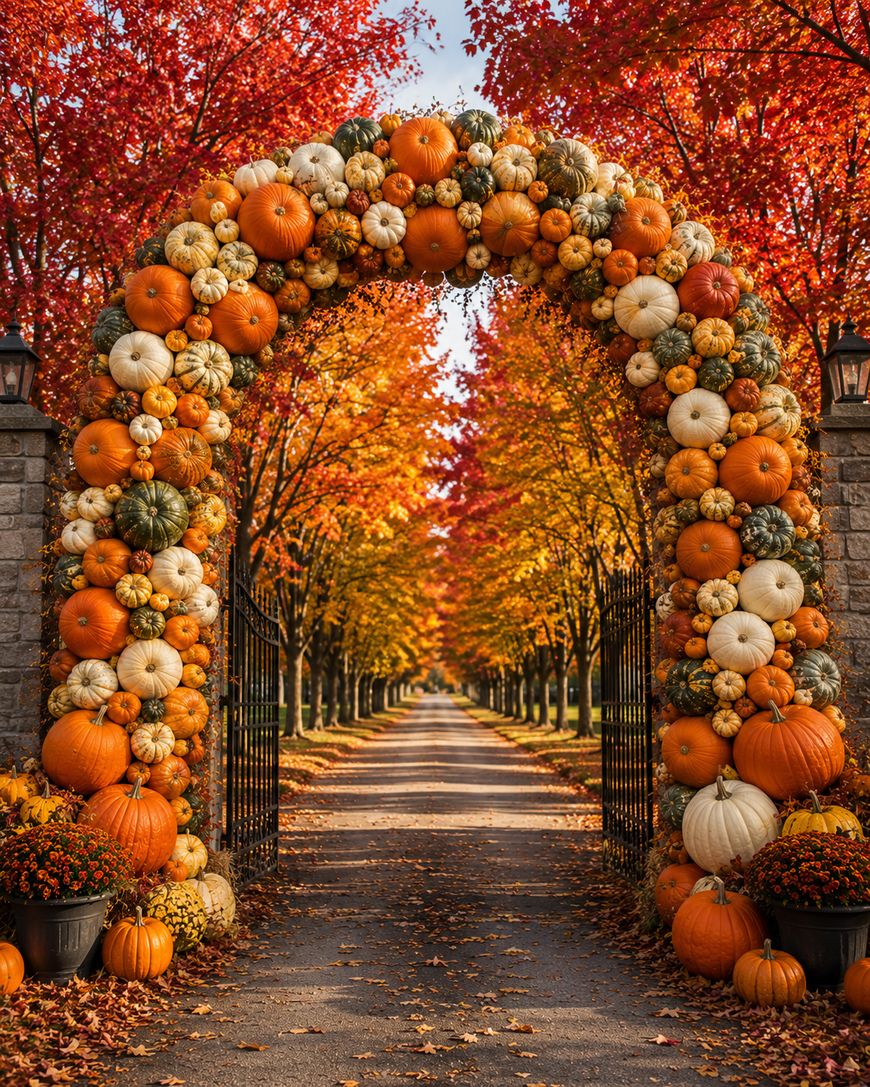 An arched gate decorated with pumpkins and gourds stands at the entrance to a tree-lined path with vibrant autumn foliage. Potted pumpkins and fallen leaves surround the stone pillars and iron gates.