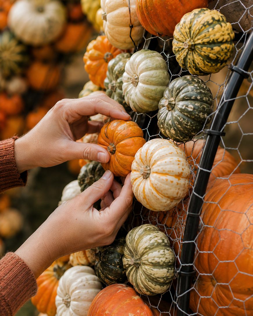 Hands arranging small gourds and mini pumpkins of various colors—orange, green, and cream—on a vertical wire grid, with more gourds filling the background.
