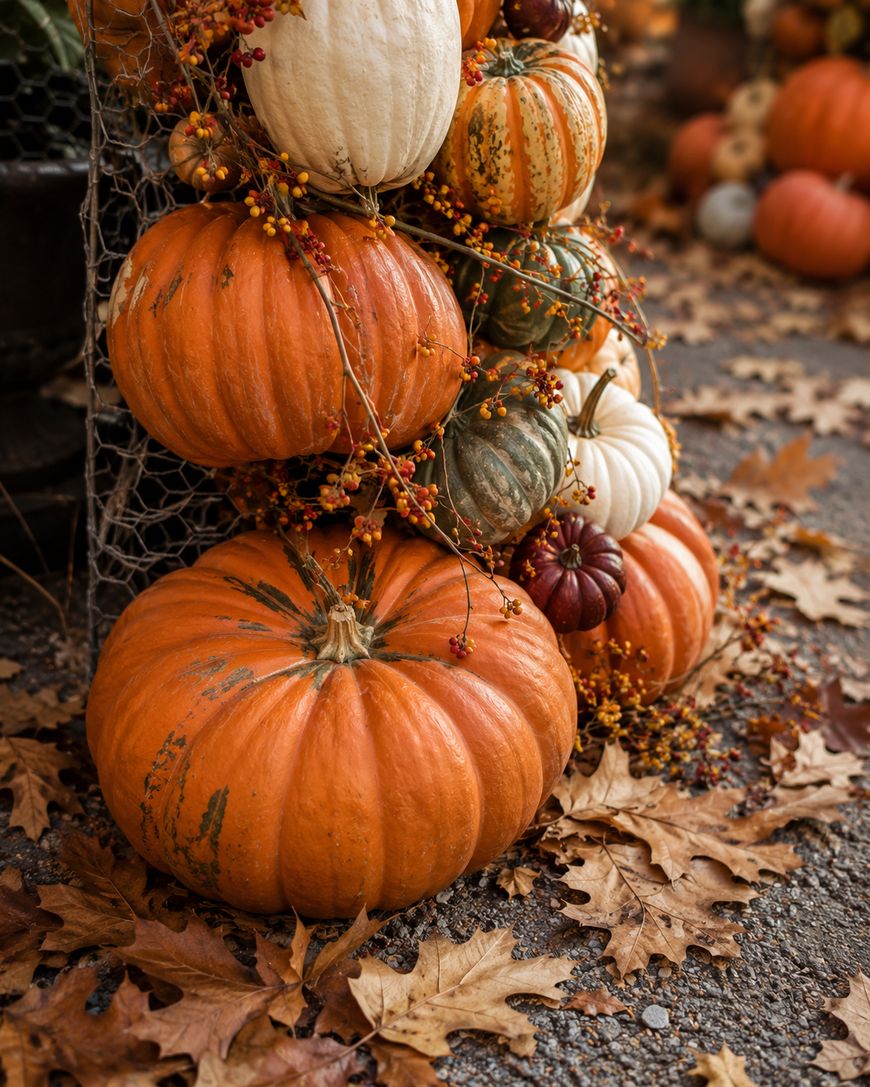 A stack of assorted pumpkins and gourds in various colors—orange, white, green, and striped—arranged outdoors on fallen autumn leaves, decorated with branches of red and yellow berries.