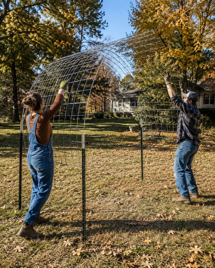 Two people wearing jeans and gloves are setting up a metal wire archway on a grassy lawn surrounded by autumn trees, with a house visible in the background.