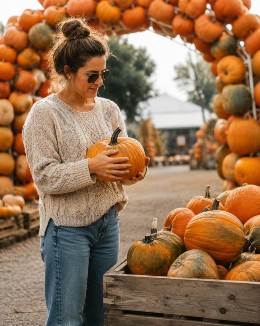 A woman in sunglasses and a beige sweater holds a pumpkin, standing at a crate filled with pumpkins at an outdoor pumpkin patch, with an archway of stacked pumpkins in the background.