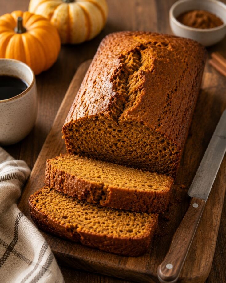 A loaf from our favorite pumpkin bread recipe sits on a wooden board with two slices cut, next to a knife, a cup of coffee, a striped towel, small pumpkins, and a bowl of spices on a rustic table.