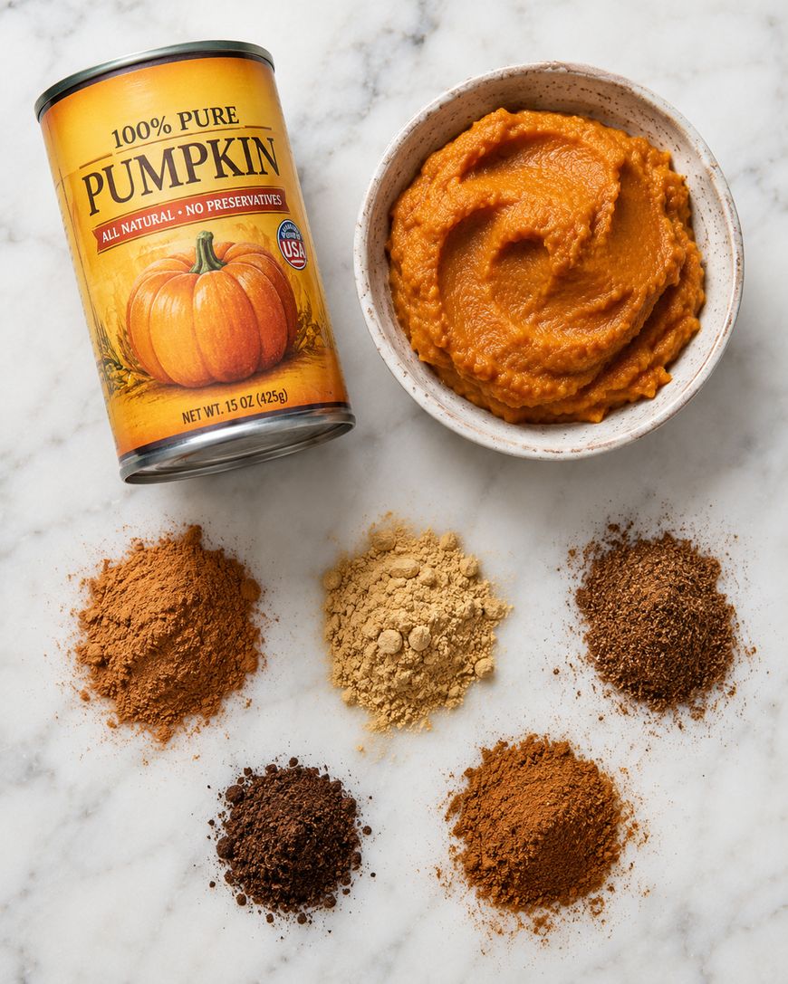 A can of pumpkin puree, a bowl of pumpkin puree, and six piles of spices—ground ginger, nutmeg, allspice, cloves, cinnamon, and one other—arranged on a white marble surface.