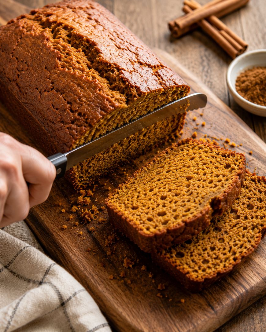 A hand slices a loaf of pumpkin bread on a wooden cutting board. Two slices are cut, and a knife is in use. A striped towel, cinnamon sticks, and a small bowl of brown sugar sit nearby.