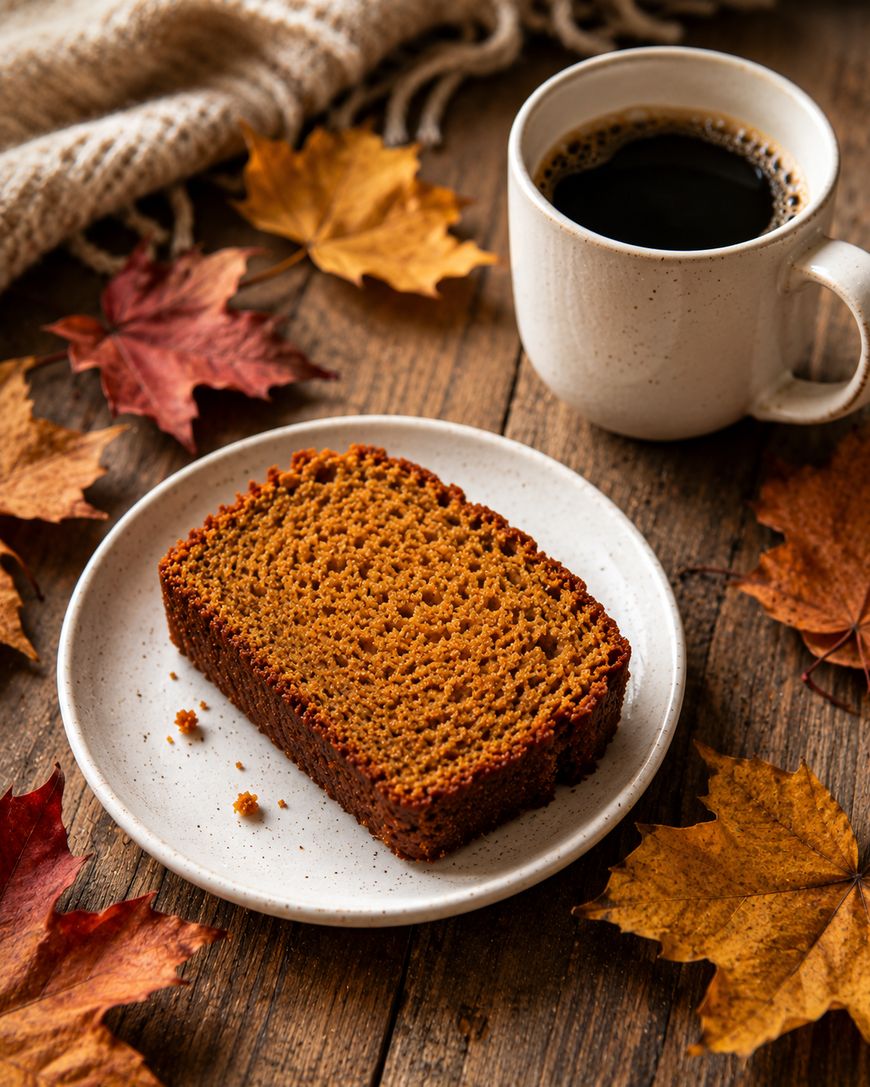 A slice of brown pumpkin bread on a white plate next to a cup of black coffee, surrounded by scattered autumn leaves on a rustic wooden table.