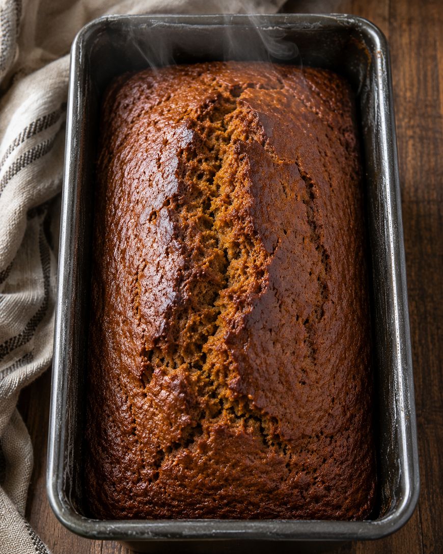 A freshly baked loaf of banana bread in a metal pan, with a cracked top and a golden-brown crust, sits on a wooden table next to a striped kitchen towel. Steam rises from the warm bread.