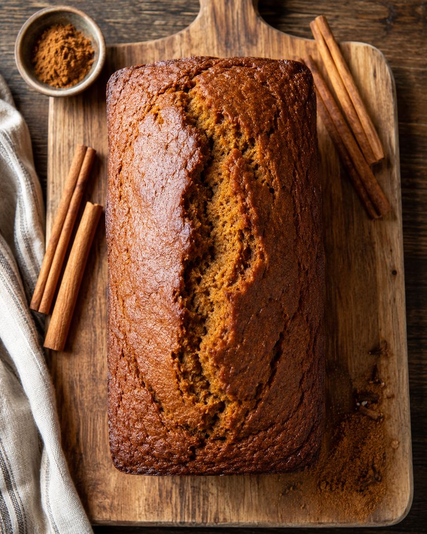A loaf of golden-brown pumpkin bread on a wooden cutting board, surrounded by cinnamon sticks, a small bowl of ground cinnamon, and a striped kitchen towel.