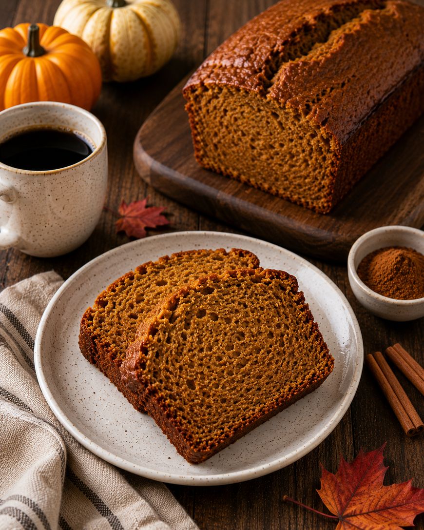 Two slices of pumpkin bread on a white plate, with a loaf of pumpkin bread on a wooden board, a cup of coffee, small pumpkins, cinnamon sticks, a bowl of spice, and autumn leaves on a wooden table.