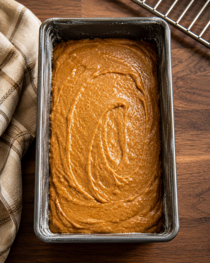 A metal loaf pan filled with smooth, unbaked pumpkin bread batter sits on a wooden surface next to a striped kitchen towel and a wire cooling rack.