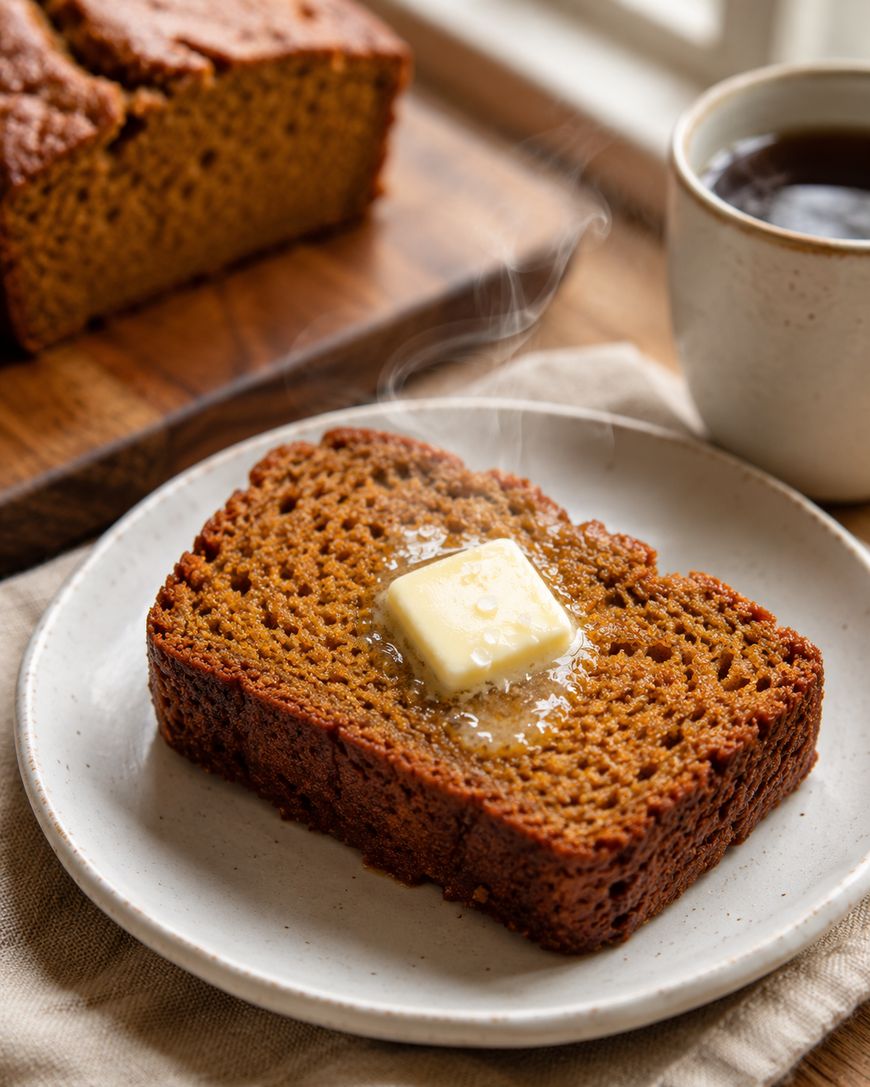 A slice of brown bread with a melting pat of butter sits on a white plate, with steam rising from the bread. In the background, there is a cup of coffee and a loaf of bread on a wooden board.
