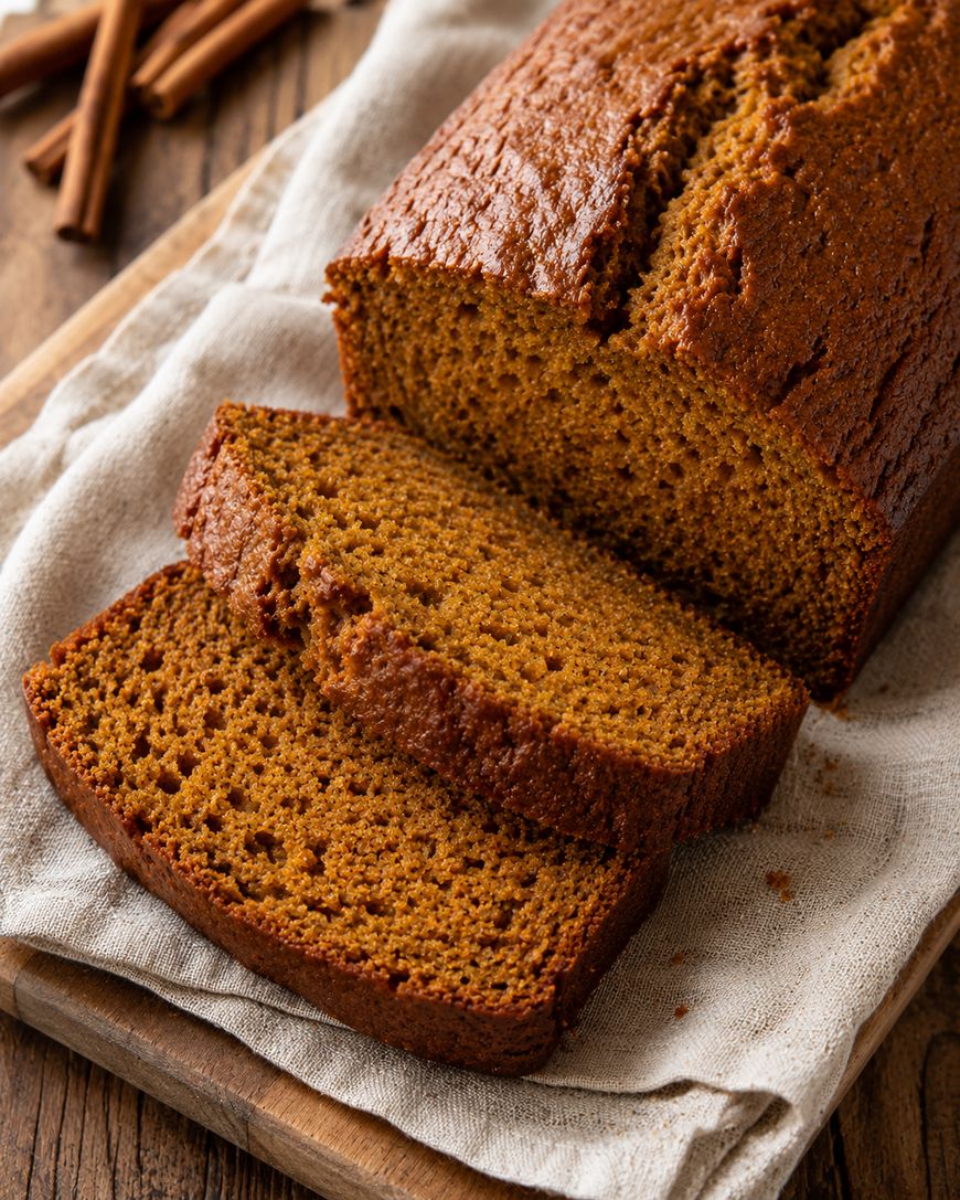 Sliced loaf of spiced pumpkin bread on a wooden board, placed on a beige cloth, with cinnamon sticks in the background.