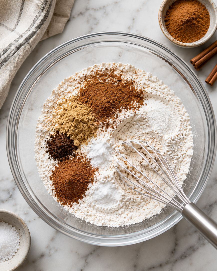A glass bowl filled with flour, baking soda, and various ground spices is being whisked on a marble countertop. Nearby are bowls of cinnamon and salt, a striped towel, and a few cinnamon sticks.