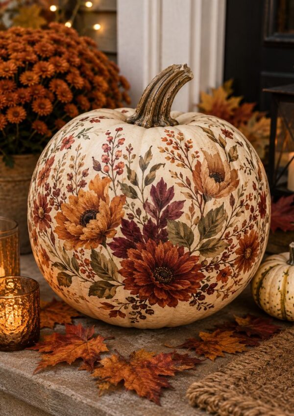 A large pumpkin decorated with hand-painted autumn flowers and leaves sits on a porch surrounded by fall leaves, candles, a lantern, and chrysanthemums—an inspiring display for anyone seeking creative pumpkin craft ideas. A small white pumpkin is nearby.