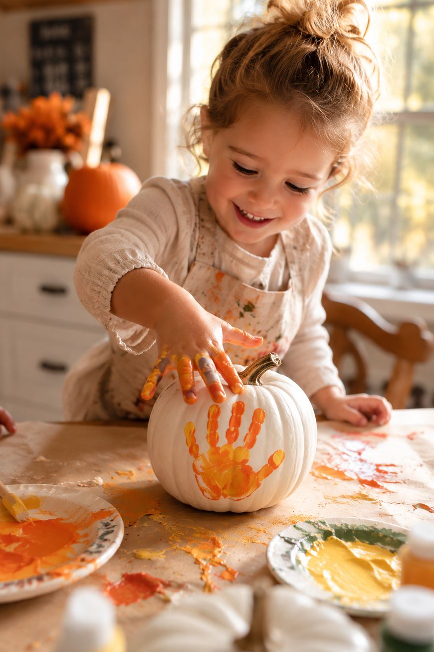 A young child smiles while pressing a painted hand onto a white pumpkin, making a colorful handprint. Art supplies and paint are scattered on the table in a bright, cozy kitchen.