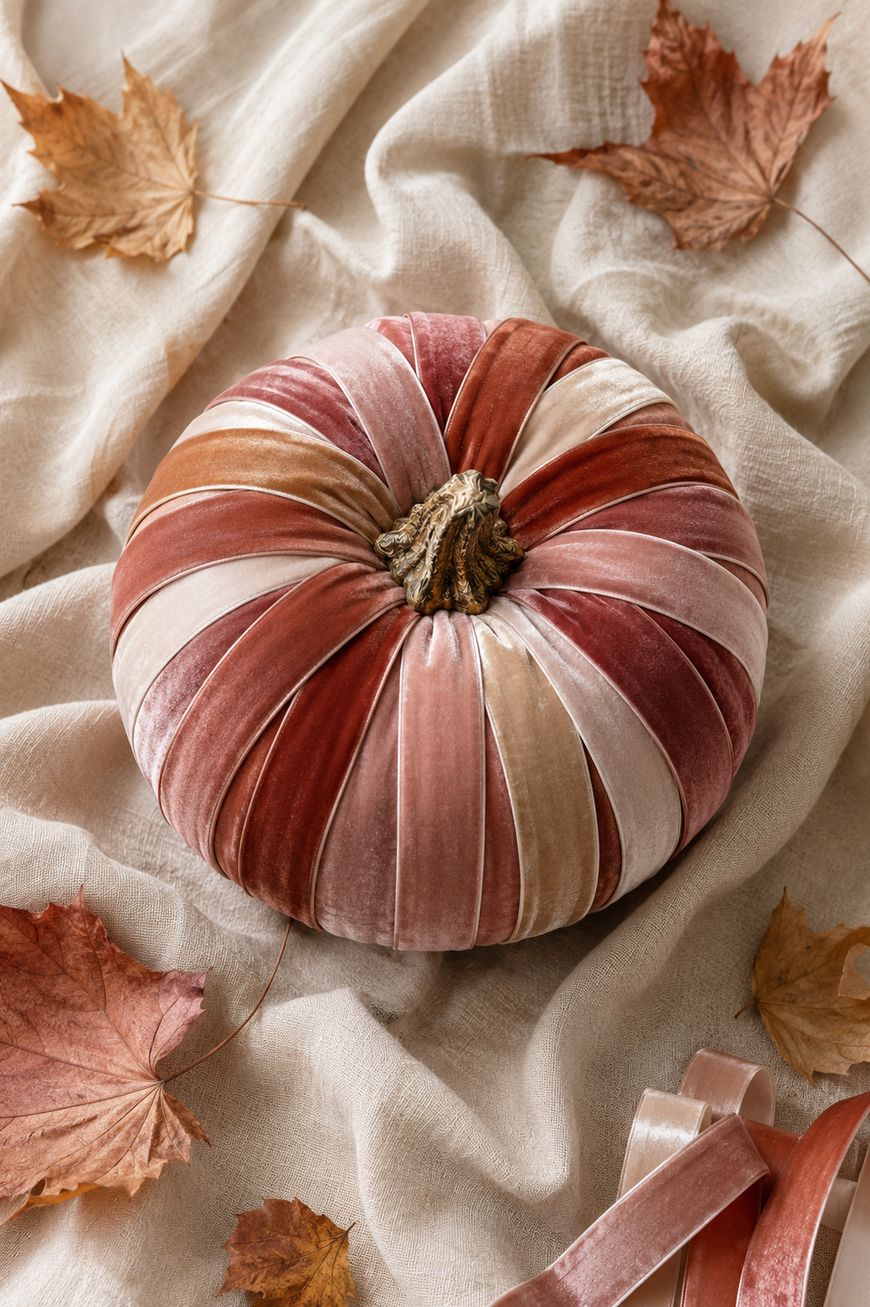 A round pumpkin covered in velvet ribbons of pink, beige, and rust tones sits on a cream-colored fabric, surrounded by a few brown autumn leaves.