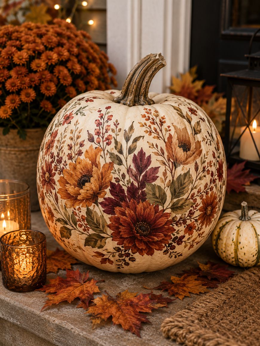 A large white pumpkin decorated with painted autumn flowers and leaves sits on a porch, surrounded by candles, a small white pumpkin, orange mums, and scattered fall leaves. A black lantern is in the background.