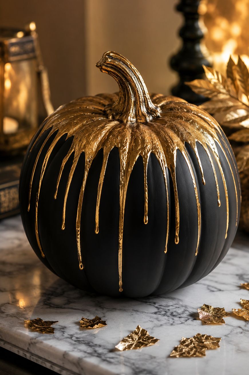 A black pumpkin sits on a marble surface, decorated with gold paint dripping from the stem down the sides. Gold-painted leaves are scattered nearby, creating an elegant autumn or Halloween display.