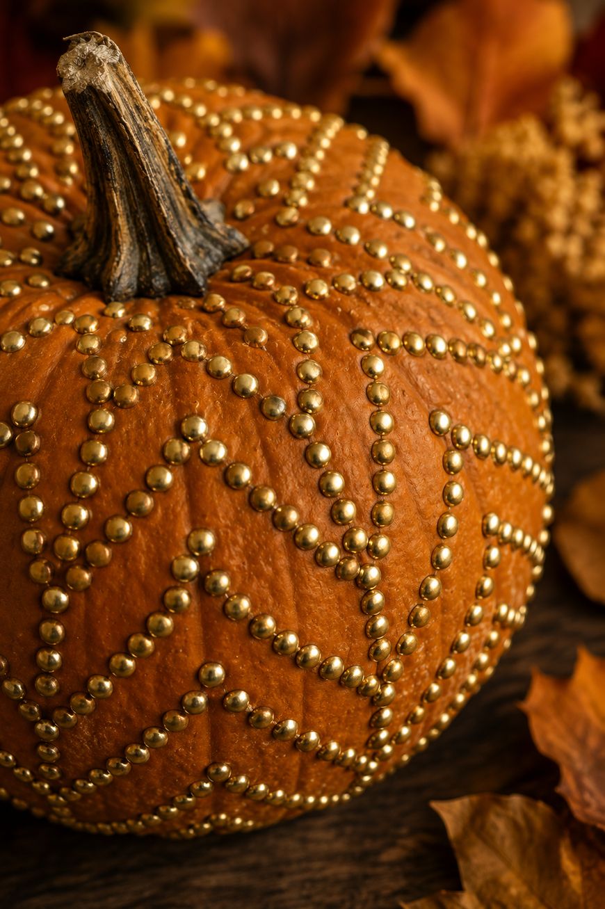A pumpkin decorated with zigzag patterns made of gold beads sits on a wooden surface, surrounded by dried autumn leaves and foliage.