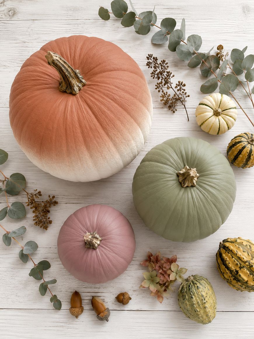 Pumpkins painted in muted shades of pink, green, and white are arranged with small gourds, dried leaves, eucalyptus, and acorns on a white wooden surface, creating an autumn-themed flat lay.