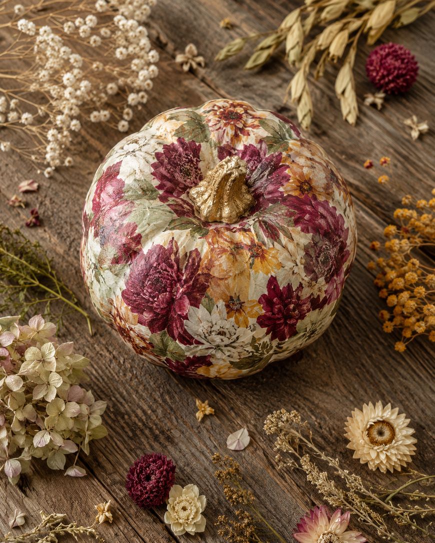 A pumpkin decorated with pressed flowers in shades of burgundy, white, and yellow sits on a rustic wooden surface surrounded by various dried flowers and foliage.